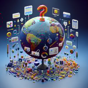 3D voxel art showcasing online product surveys, featuring engaging elements on a dark blue background.
