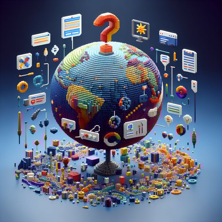3D voxel art showcasing online product surveys, featuring engaging elements on a dark blue background.