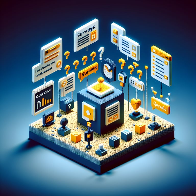 3D voxel art depicting online surveys, with dark blue background, symbolizing customer experience survey questions.