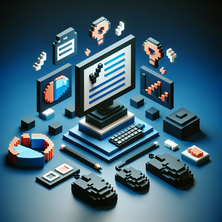3D voxel art depicting online enewsletter survey process on a dark blue background.
