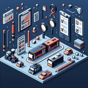 3D voxel art depicting the concept of online public transport surveys on a dark blue background.