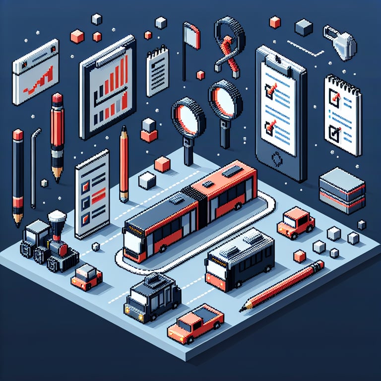 3D voxel art depicting the concept of online public transport surveys on a dark blue background.