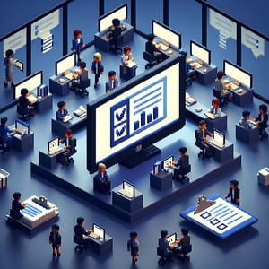 3D voxel art depicting online employee training surveys on a dark blue background.