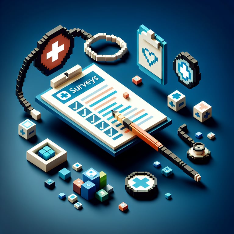 3D voxel art illustrating the concept of online health surveys on a dark blue background.