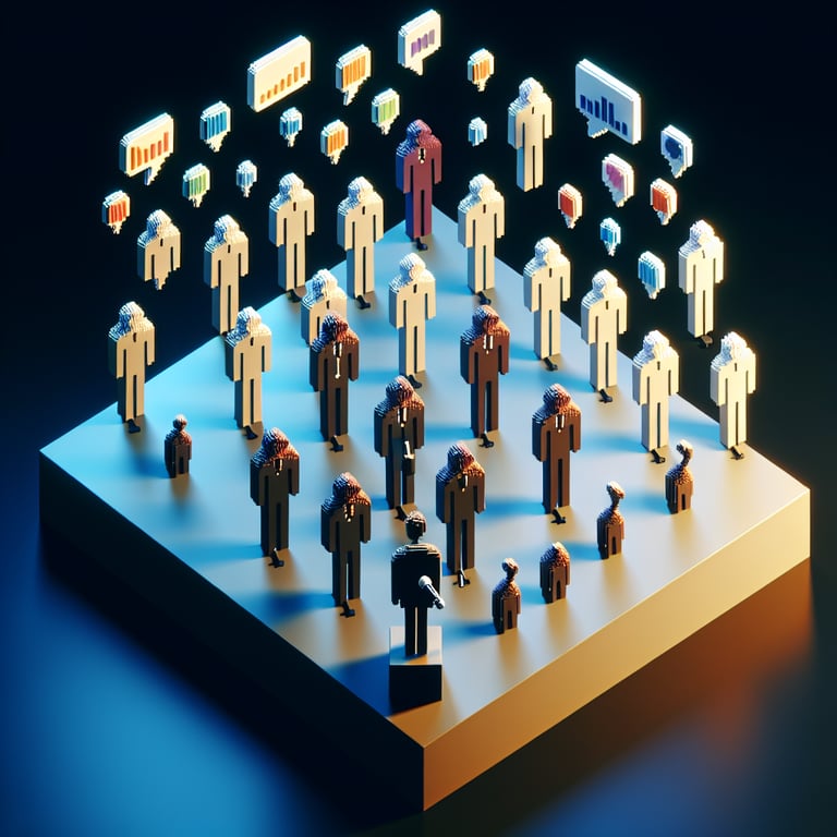 3D voxel art depicting the concept of online conference speaker surveys on a dark blue background.