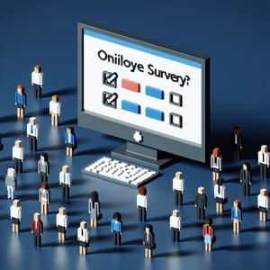 3D voxel art depicting online employee surveys with a dark blue background.