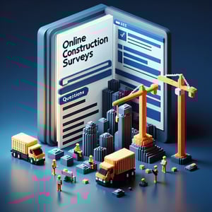 3D voxel art depicting online construction project surveys on a dark blue background.