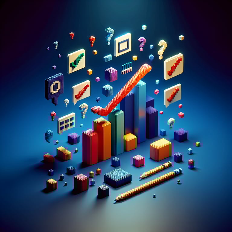 3D voxel art representing online retention surveys, with a dark blue background.