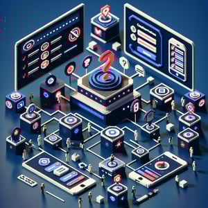 3D voxel art depicting the concept of online customer retention surveys on a dark blue background.