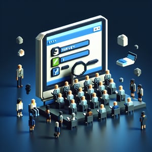 3D voxel art depicting online surveys on a dark blue background, emphasizing EMF survey interview questions.