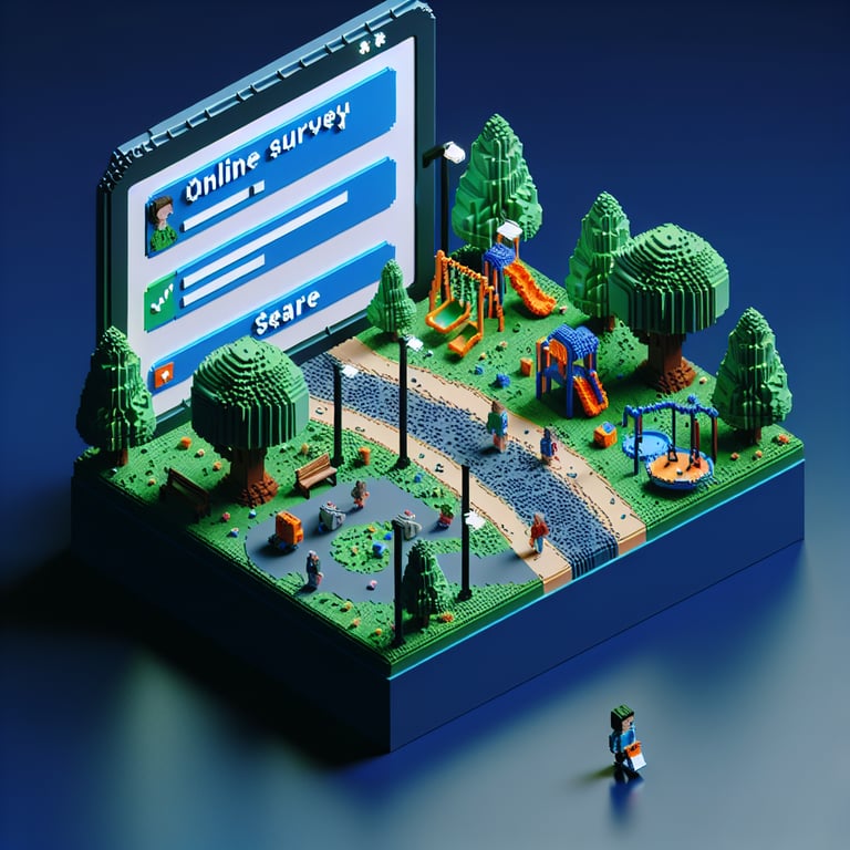 3D voxel art depicting the concept of online parks and recreation surveys on a dark blue background.