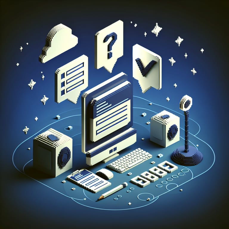 3D voxel art depicting online surveys, set against a dark blue background, representing Frys feedback surveys.