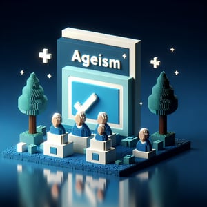 3D voxel art illustrating the concept of online ageism surveys on a dark blue background.