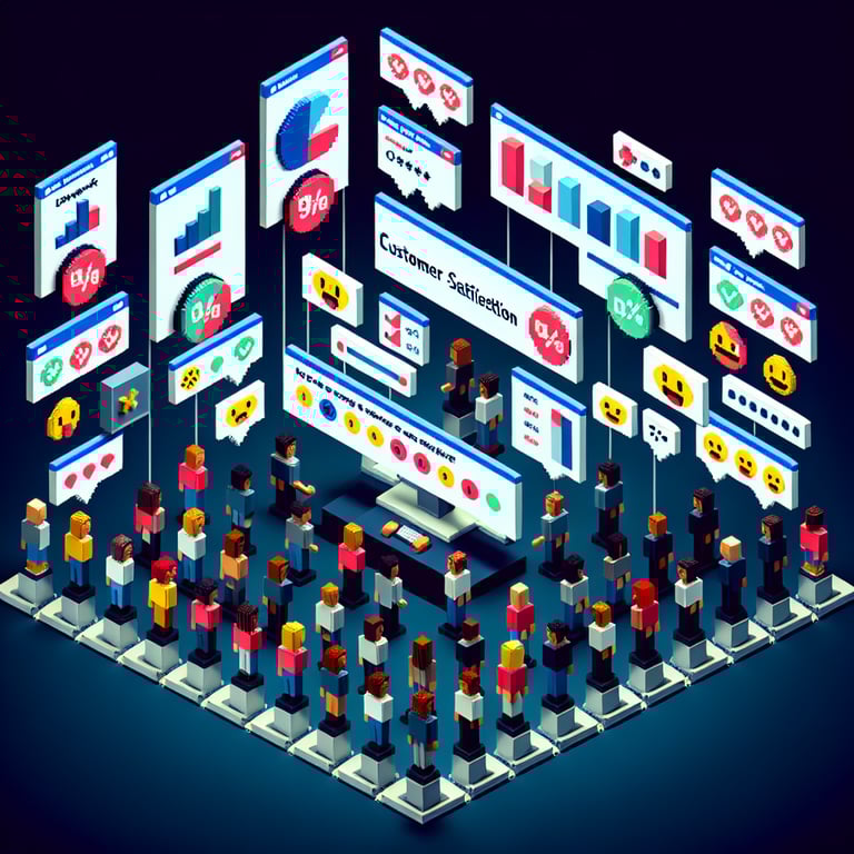 3D voxel art showcasing online survey concept on a dark blue background, symbolizing customer service satisfaction.