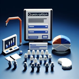 3D voxel art depicting the concept of online demographic income surveys on a dark blue background.