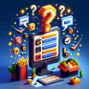 3D voxel art depicting online appetite survey concept on a dark blue background.