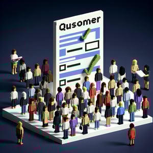 3D voxel art depicting online retail customer surveys with a dark blue background.