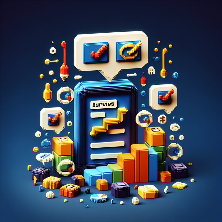 3D voxel art depicting online age surveys with a dark blue background.