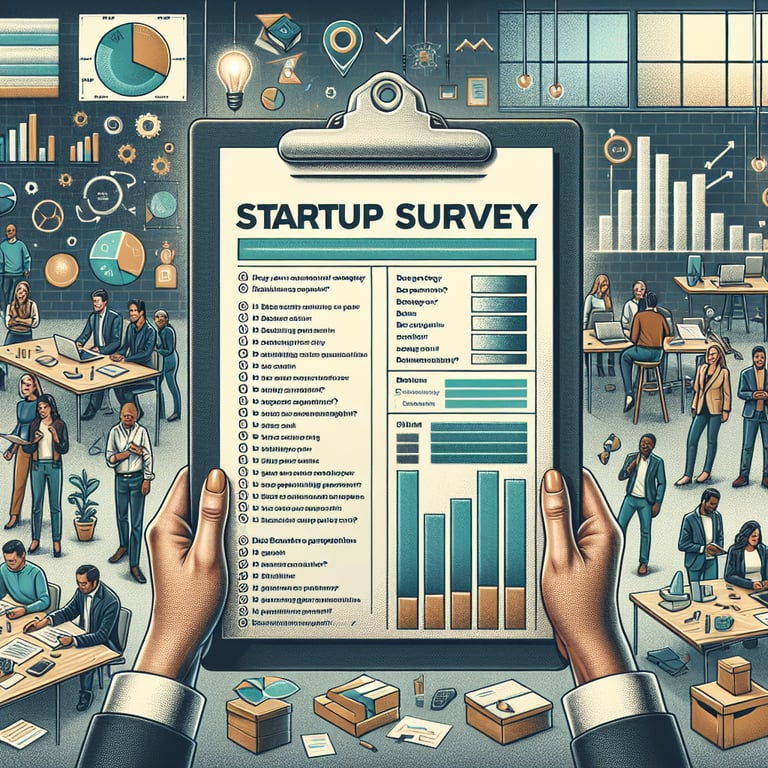 Illustration depicting the concept of using startup survey questions to improve business performance.