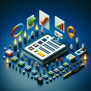 3D voxel art depicting online SEO surveys against a dark blue background.