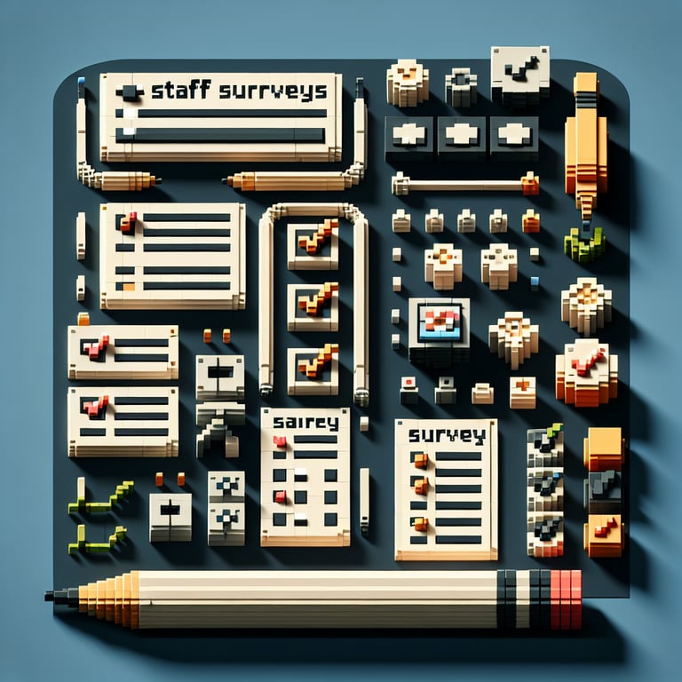 3D voxel art depicting online staff surveys, with engaging elements on a dark blue background.
