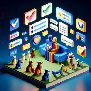 3D voxel art depicting online surveys about human-animal bonding on a dark blue background.