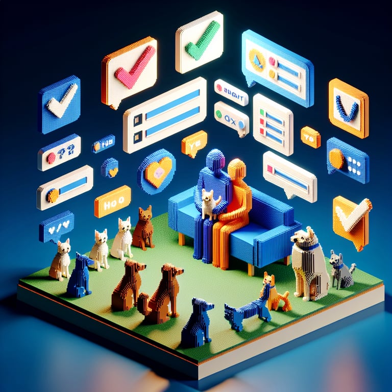 3D voxel art depicting online surveys about human-animal bonding on a dark blue background.