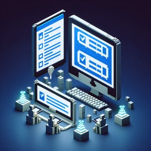 3D voxel art depicting online surveys on a dark blue background, symbolizing program effectiveness surveys.
