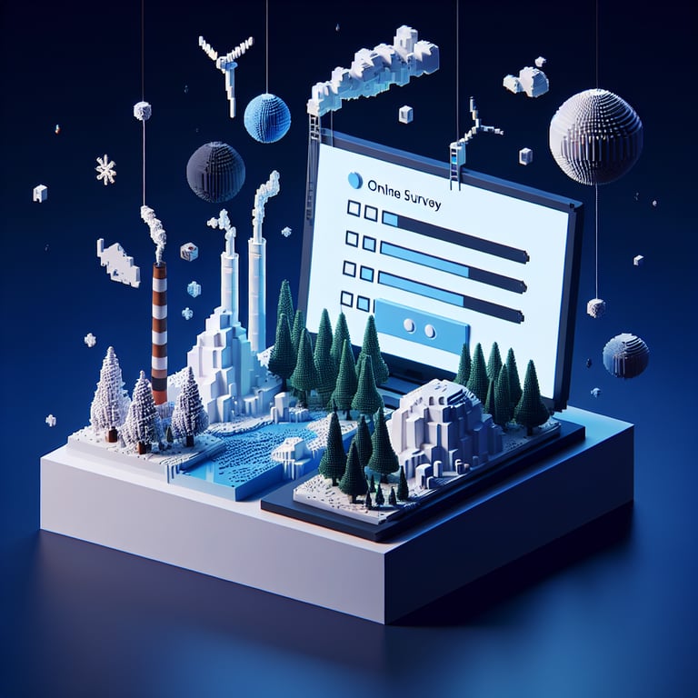 3D voxel art depicting an online survey on a dark blue background, symbolizing global warming inquiries.