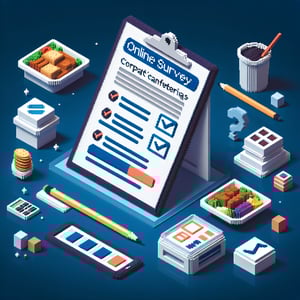 3D voxel art depicting the concept of online corporate cafeteria surveys on a dark blue background.