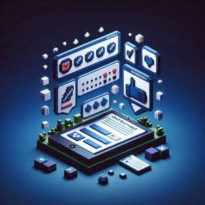 3D voxel art depicting online survey process, set against a dark blue background.