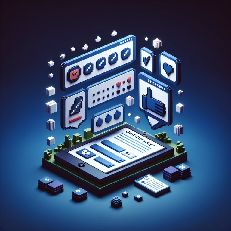 3D voxel art depicting online survey process, set against a dark blue background.