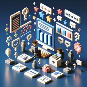 3D voxel art depicting the concept of online brand perception surveys on a dark blue background.