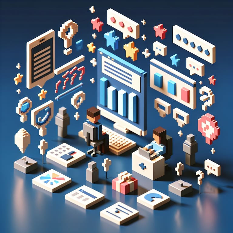 3D voxel art depicting the concept of online brand perception surveys on a dark blue background.