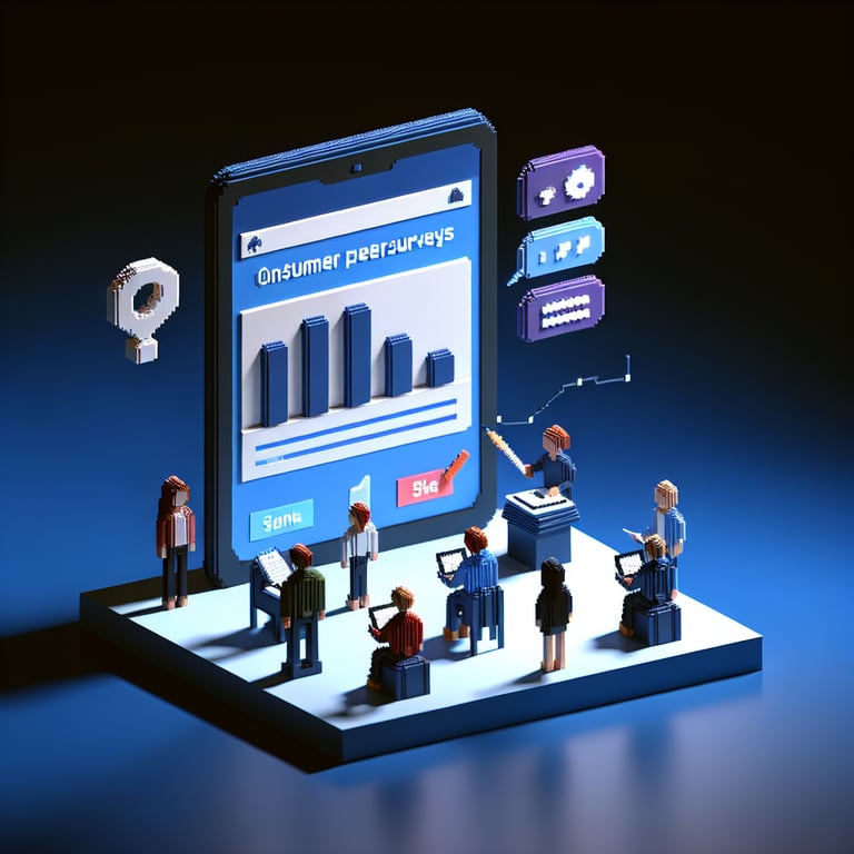 3D voxel art illustrating the concept of online consumer perception surveys on a dark blue background.