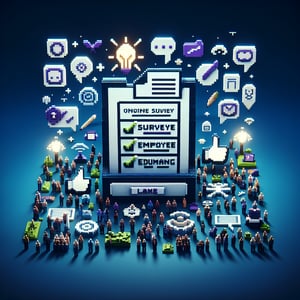 3D voxel art depicting online surveys with a dark blue background, symbolizing employee engagement queries.