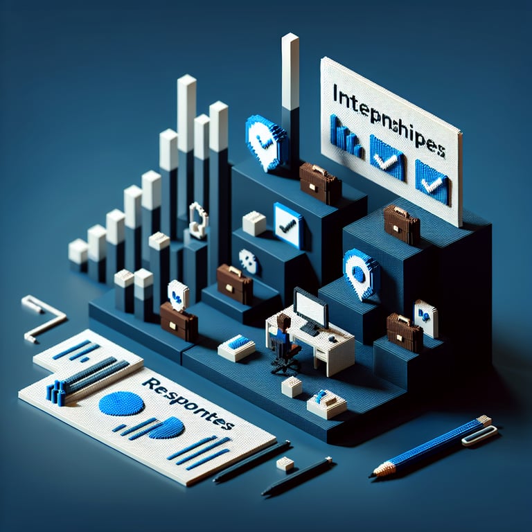3D voxel art of online survey elements on a dark blue background, symbolizing internship survey questions.