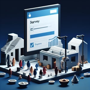 3D voxel art depicting online poverty survey questions on a dark blue background.