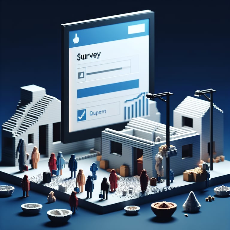 3D voxel art depicting digital poverty survey interface in rich blue tones.
