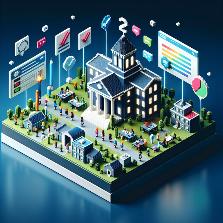3D voxel art depicting online boarding school survey concept on a dark blue background.