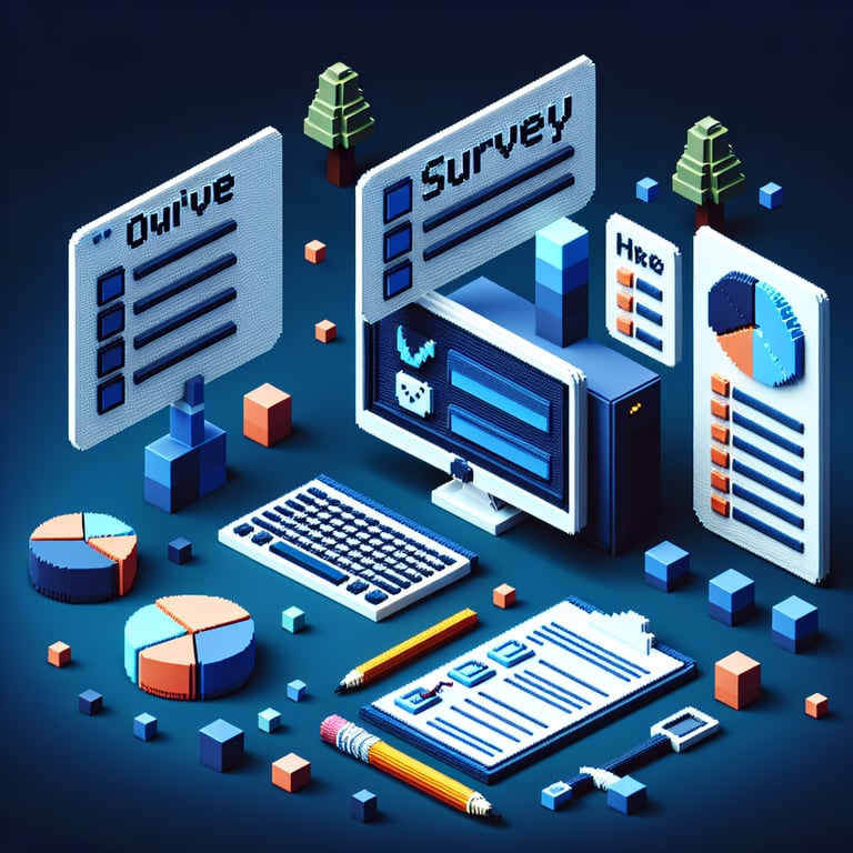 3D voxel art depicting online surveys with a dark blue background, representing end user survey questions.