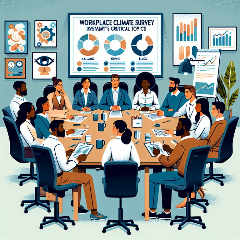 Illustration showcasing key topics explored through Workplace Climate survey questions.