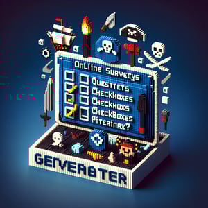 3D voxel art depicting online survey concept on a dark blue background, representing internet piracy surveys.