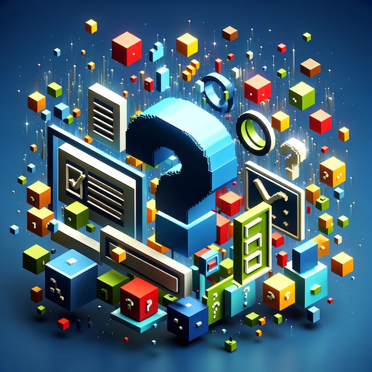 3D voxel art depicting online surveys, with engaging elements on a dark blue background.