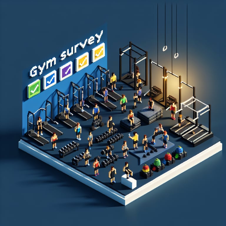 3D voxel art depicting online gym survey concept on a dark blue background.