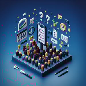 3D voxel art symbolizing online event feedback surveys against a dark blue background.