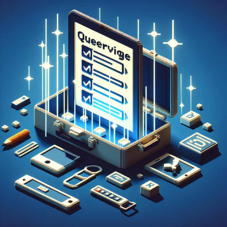3D voxel art depicting online multiple choice surveys on a dark blue background.