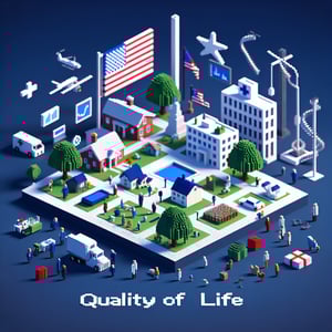 3D voxel art depicting online American quality of life surveys on a dark blue background.
