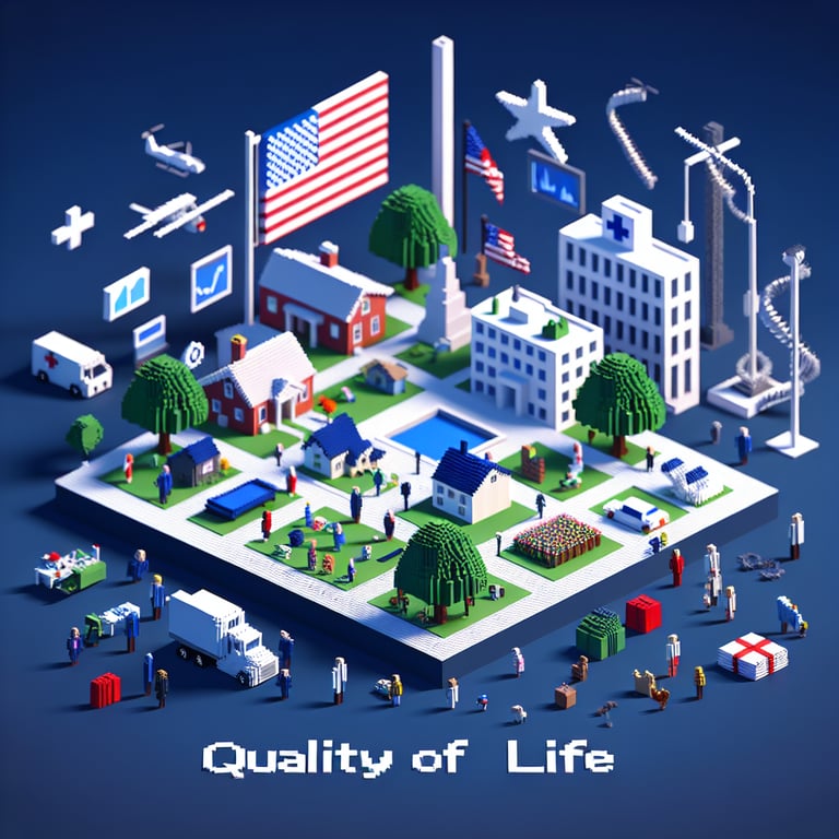 3D voxel art depicting online American quality of life surveys on a dark blue background.