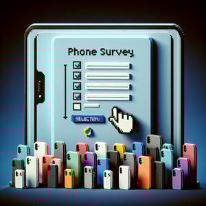 3D voxel art depicting online phone case survey concept on a dark blue background.